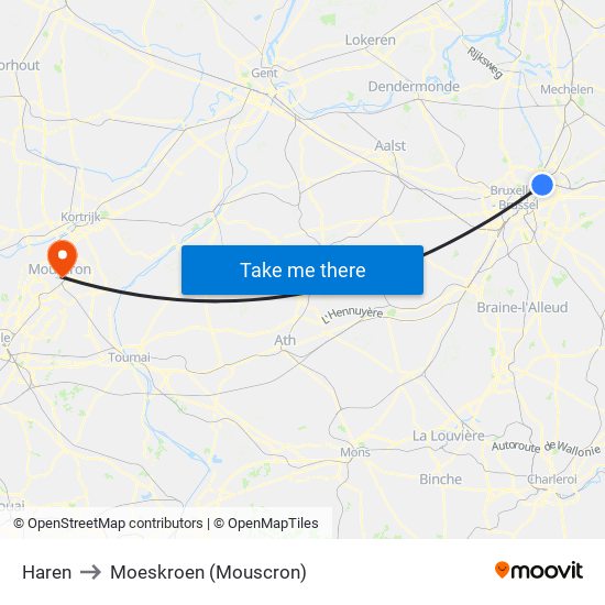 Haren to Moeskroen (Mouscron) map