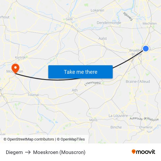 Diegem to Moeskroen (Mouscron) map