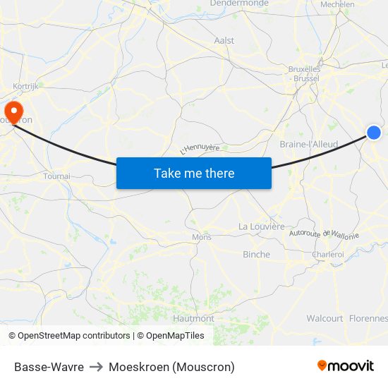 Basse-Wavre to Moeskroen (Mouscron) map