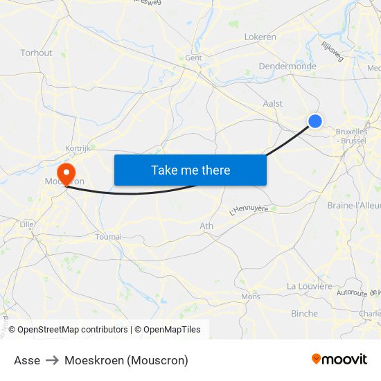 Asse to Moeskroen (Mouscron) map