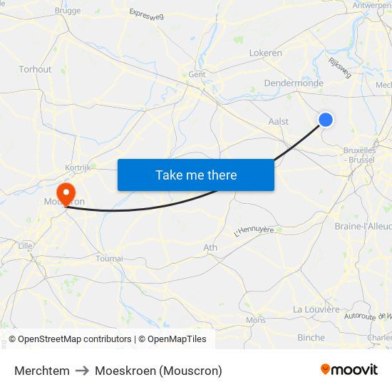 Merchtem to Moeskroen (Mouscron) map