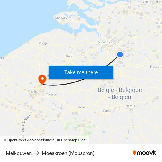 Melkouwen to Moeskroen (Mouscron) map