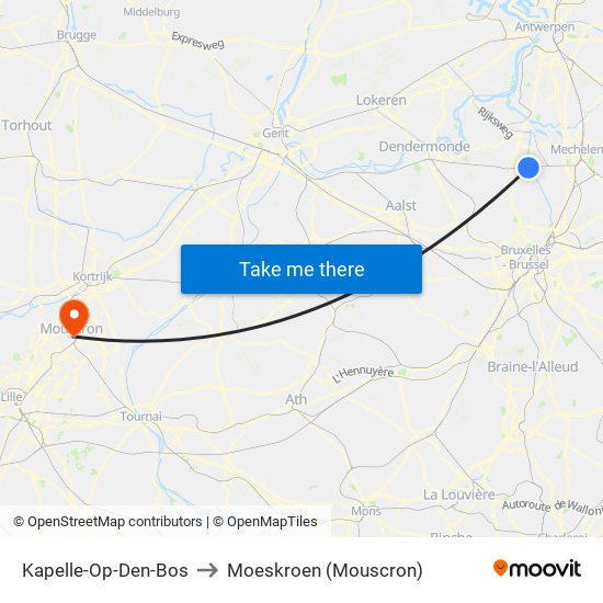 Kapelle-Op-Den-Bos to Moeskroen (Mouscron) map