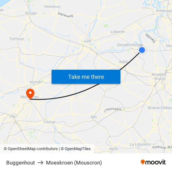 Buggenhout to Moeskroen (Mouscron) map