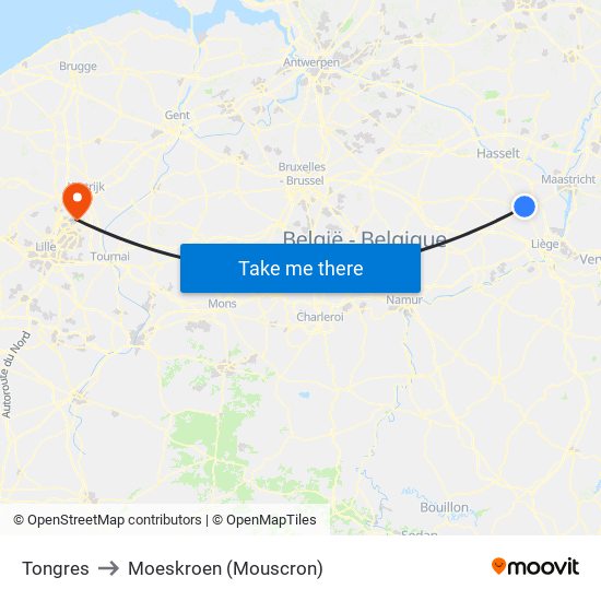 Tongres to Moeskroen (Mouscron) map