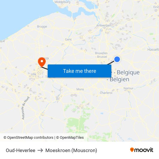 Oud-Heverlee to Moeskroen (Mouscron) map