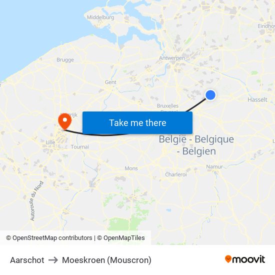 Aarschot to Moeskroen (Mouscron) map