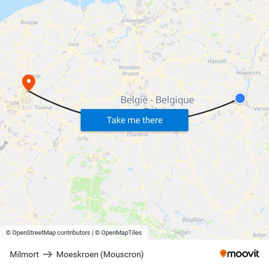 Milmort to Moeskroen (Mouscron) map