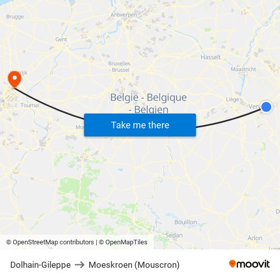 Dolhain-Gileppe to Moeskroen (Mouscron) map