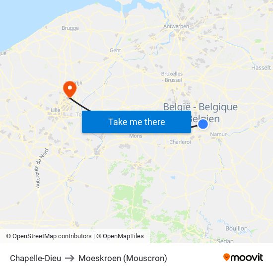 Chapelle-Dieu to Moeskroen (Mouscron) map