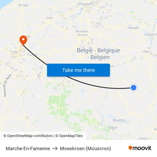 Marche-En-Famenne to Moeskroen (Mouscron) map