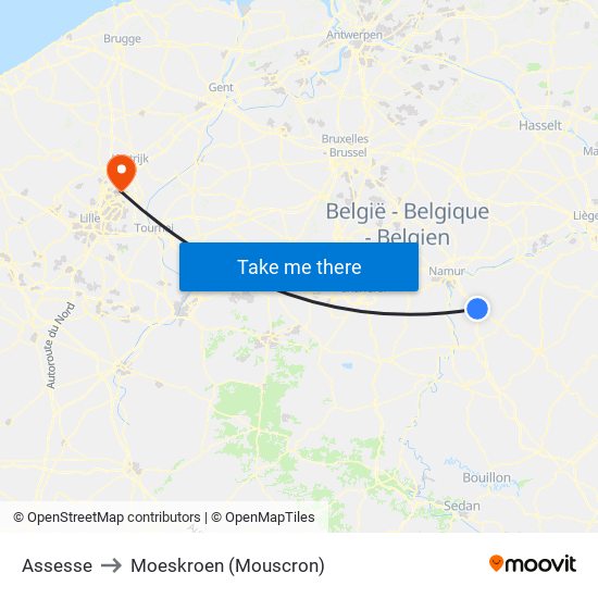 Assesse to Moeskroen (Mouscron) map