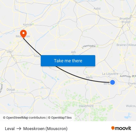 Leval to Moeskroen (Mouscron) map