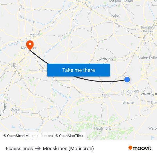 Ecaussinnes to Moeskroen (Mouscron) map