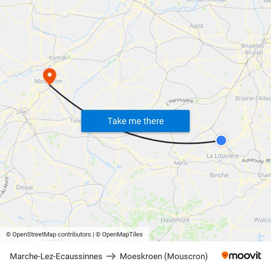 Marche-Lez-Ecaussinnes to Moeskroen (Mouscron) map