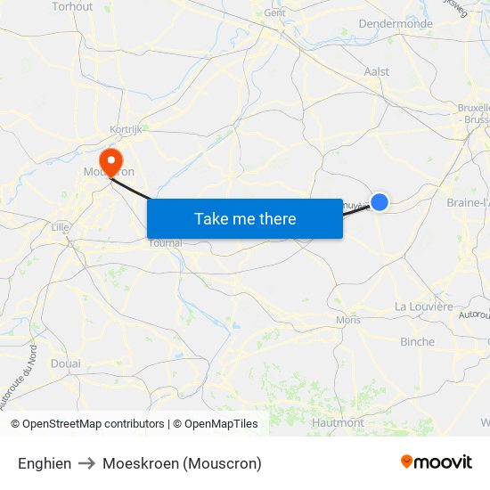Enghien to Moeskroen (Mouscron) map