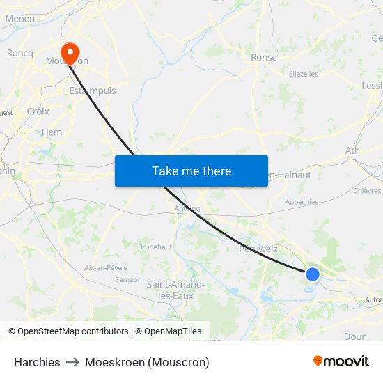 Harchies to Moeskroen (Mouscron) map