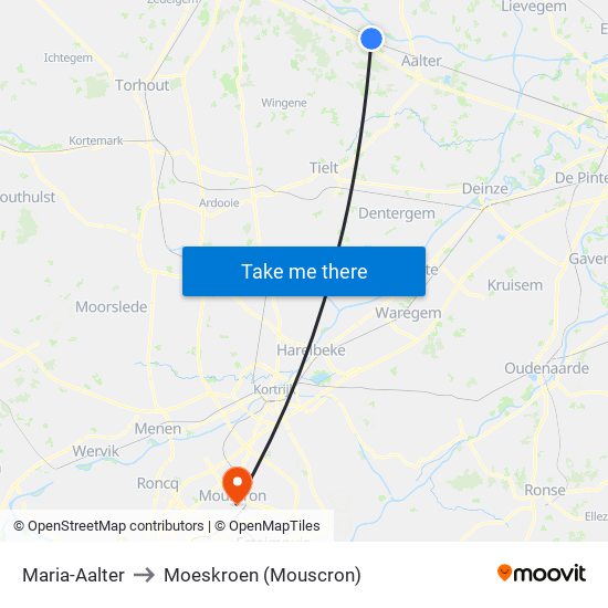 Maria-Aalter to Moeskroen (Mouscron) map