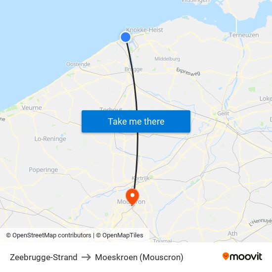 Zeebrugge-Strand to Moeskroen (Mouscron) map
