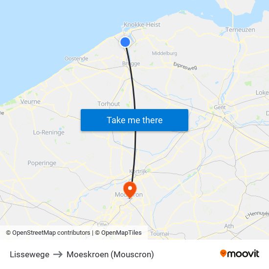 Lissewege to Moeskroen (Mouscron) map