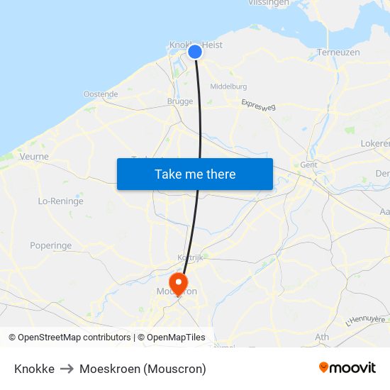 Knokke to Moeskroen (Mouscron) map