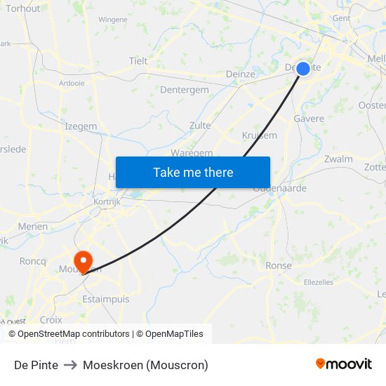 De Pinte to Moeskroen (Mouscron) map