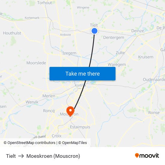 Tielt to Moeskroen (Mouscron) map