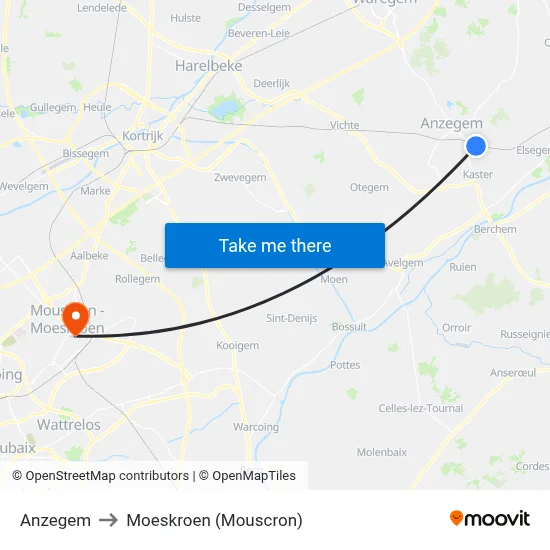 Anzegem to Moeskroen (Mouscron) map