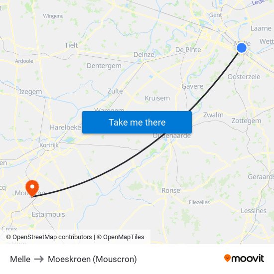 Melle to Moeskroen (Mouscron) map