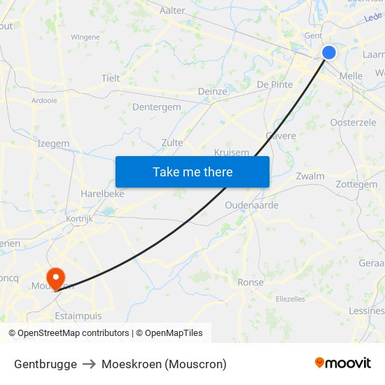 Gentbrugge to Moeskroen (Mouscron) map