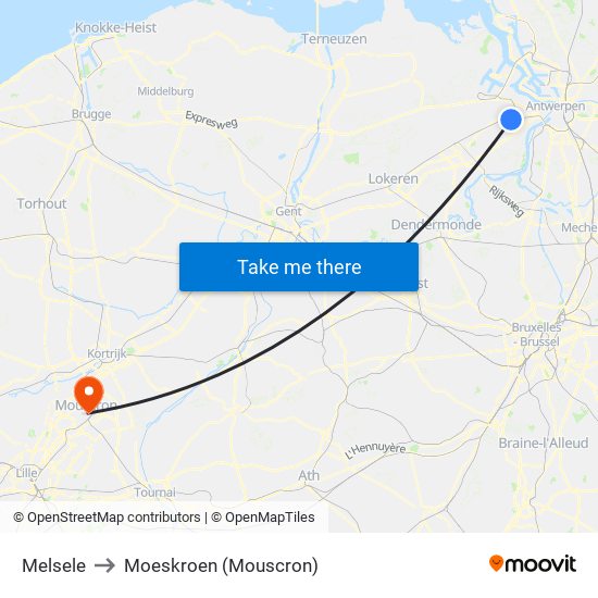 Melsele to Moeskroen (Mouscron) map