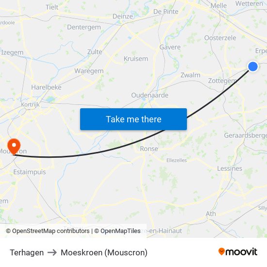 Terhagen to Moeskroen (Mouscron) map