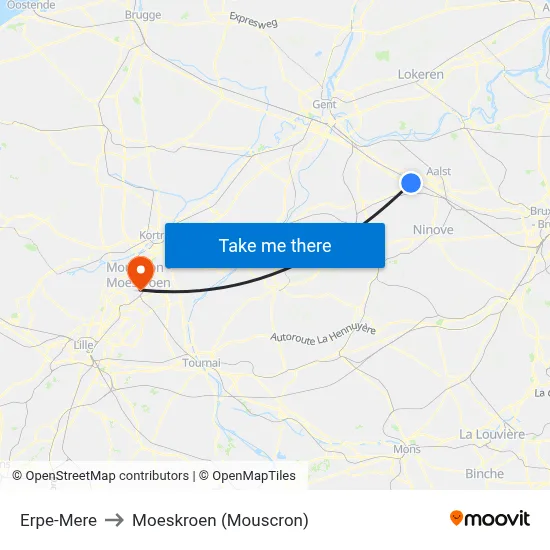 Erpe-Mere to Moeskroen (Mouscron) map