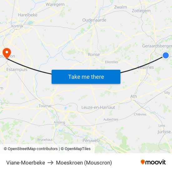 Viane-Moerbeke to Moeskroen (Mouscron) map