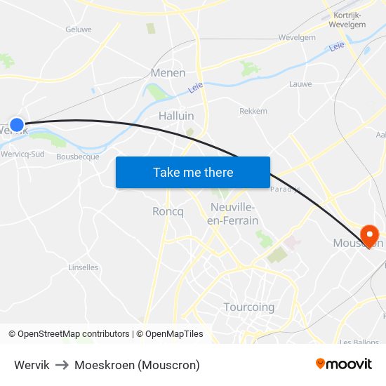 Wervik to Moeskroen (Mouscron) map