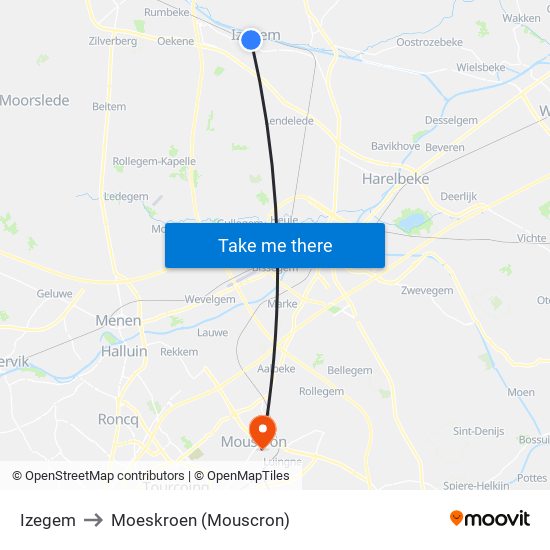 Izegem to Moeskroen (Mouscron) map