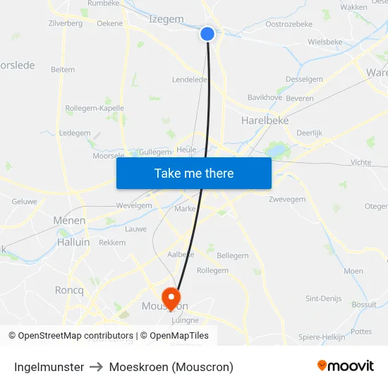 Ingelmunster to Moeskroen (Mouscron) map