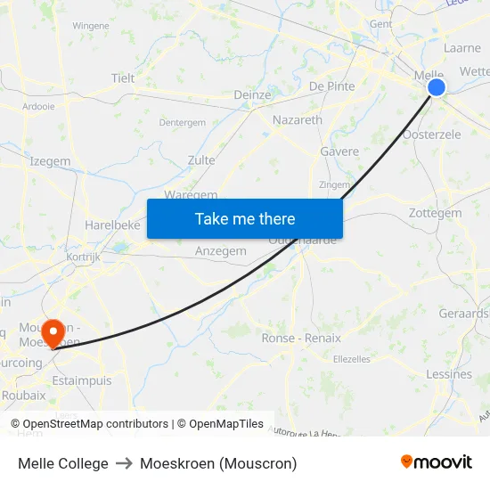 Melle College to Moeskroen (Mouscron) map