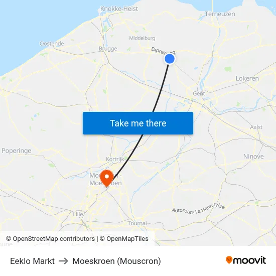 Eeklo Markt to Moeskroen (Mouscron) map