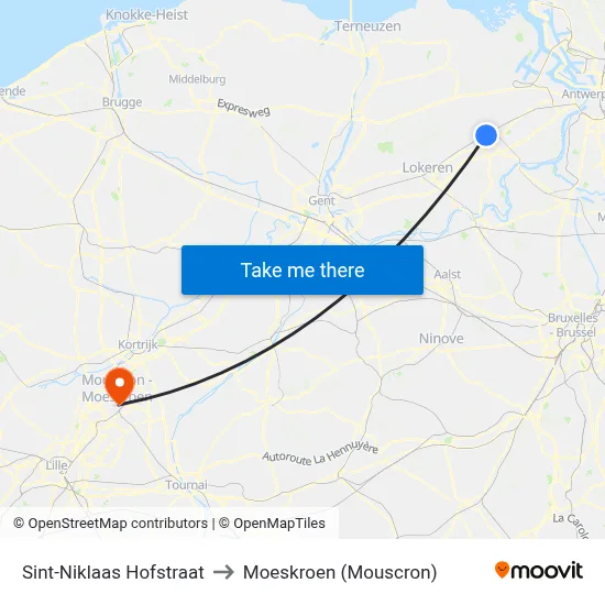 Sint-Niklaas Hofstraat to Moeskroen (Mouscron) map