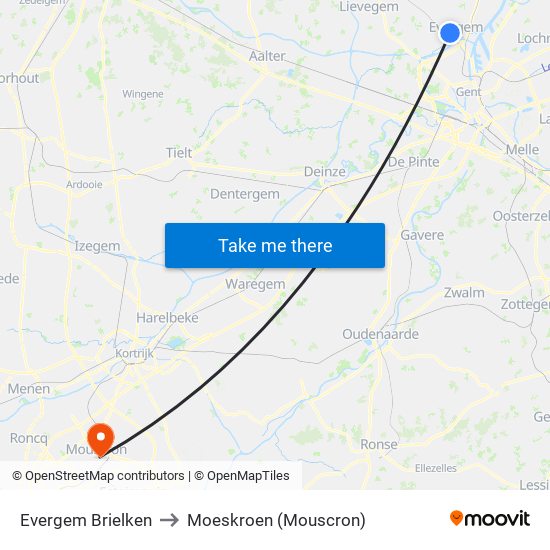 Evergem Brielken to Moeskroen (Mouscron) map