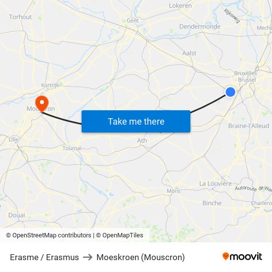 Erasme / Erasmus to Moeskroen (Mouscron) map