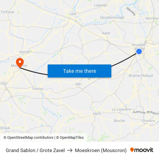 Grand Sablon / Grote Zavel to Moeskroen (Mouscron) map
