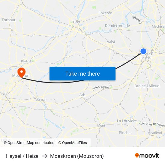 Heysel / Heizel to Moeskroen (Mouscron) map