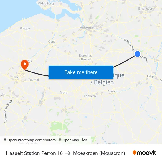 Hasselt Station Perron 16 to Moeskroen (Mouscron) map