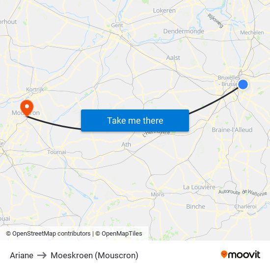 Ariane to Moeskroen (Mouscron) map