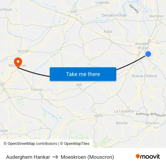 Auderghem Hankar to Moeskroen (Mouscron) map