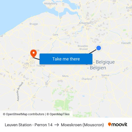 Leuven Station - Perron 14 to Moeskroen (Mouscron) map