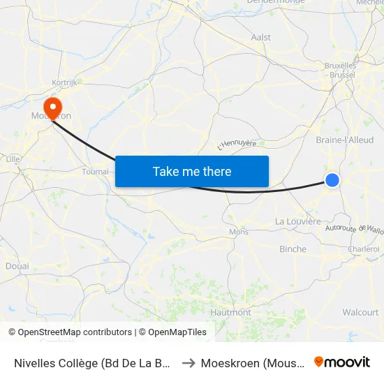 Nivelles Collège (Bd De La Batterie) to Moeskroen (Mouscron) map
