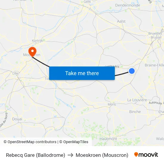 Rebecq Gare (Ballodrome) to Moeskroen (Mouscron) map